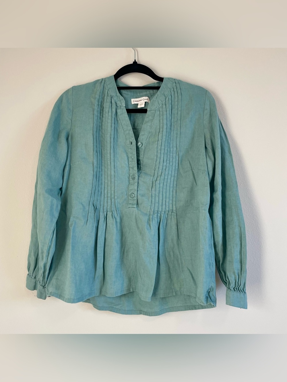 Teal Linen Blouse with button and pleated details